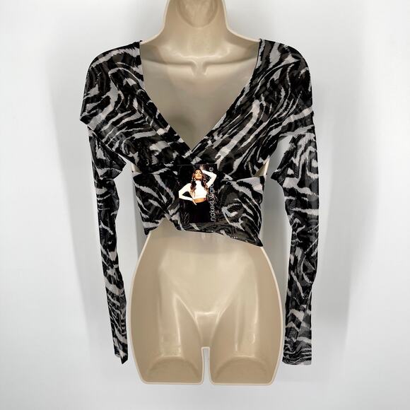 Naked Wardrobe Wrap Top NEW Sz M Style NW-C2128 Black White Zebra Print Sheer - Picture 7 of 9